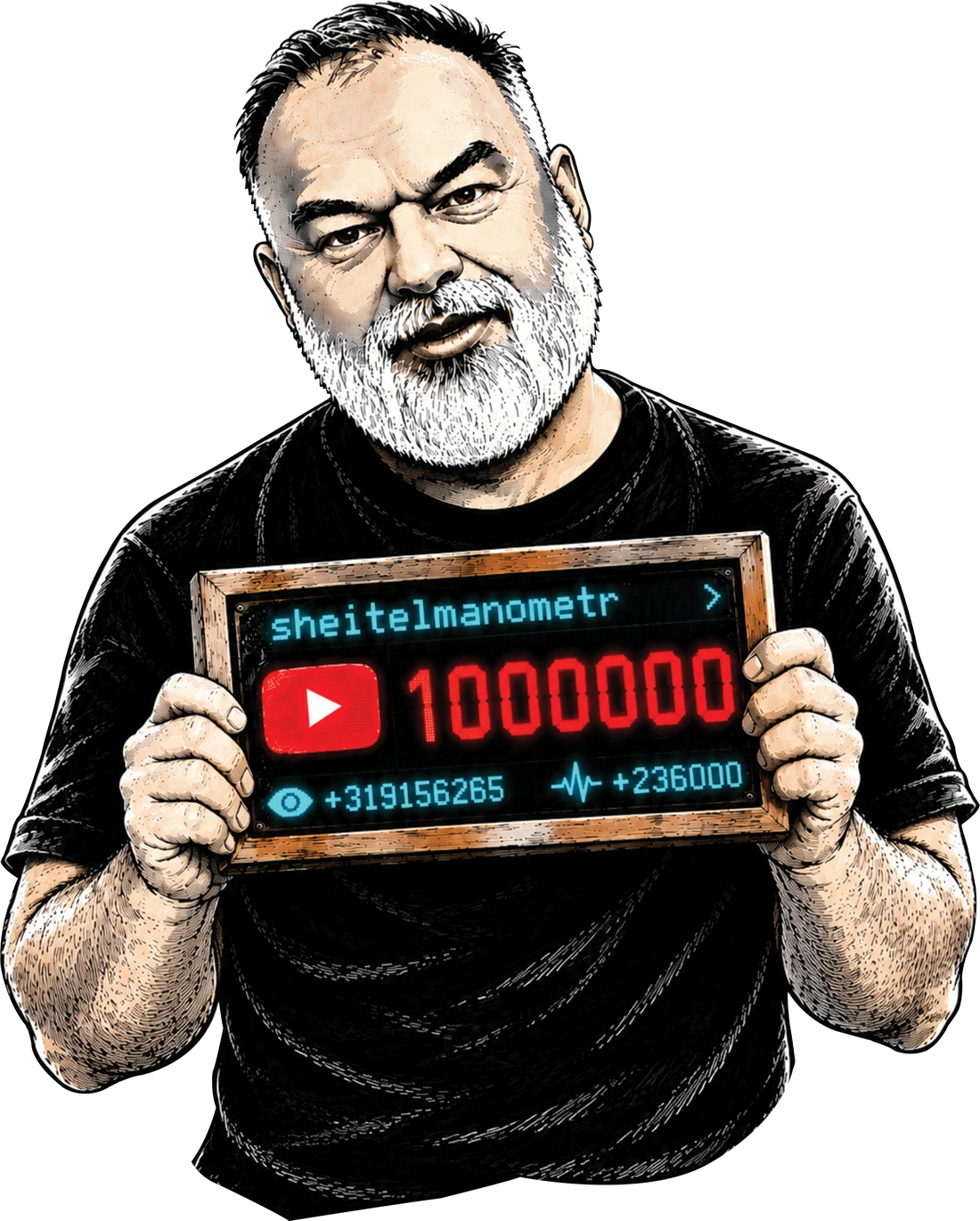 Иллюстрация: Шейтельман с табличкой-счётчиком на 1 000 000 подписчиков
